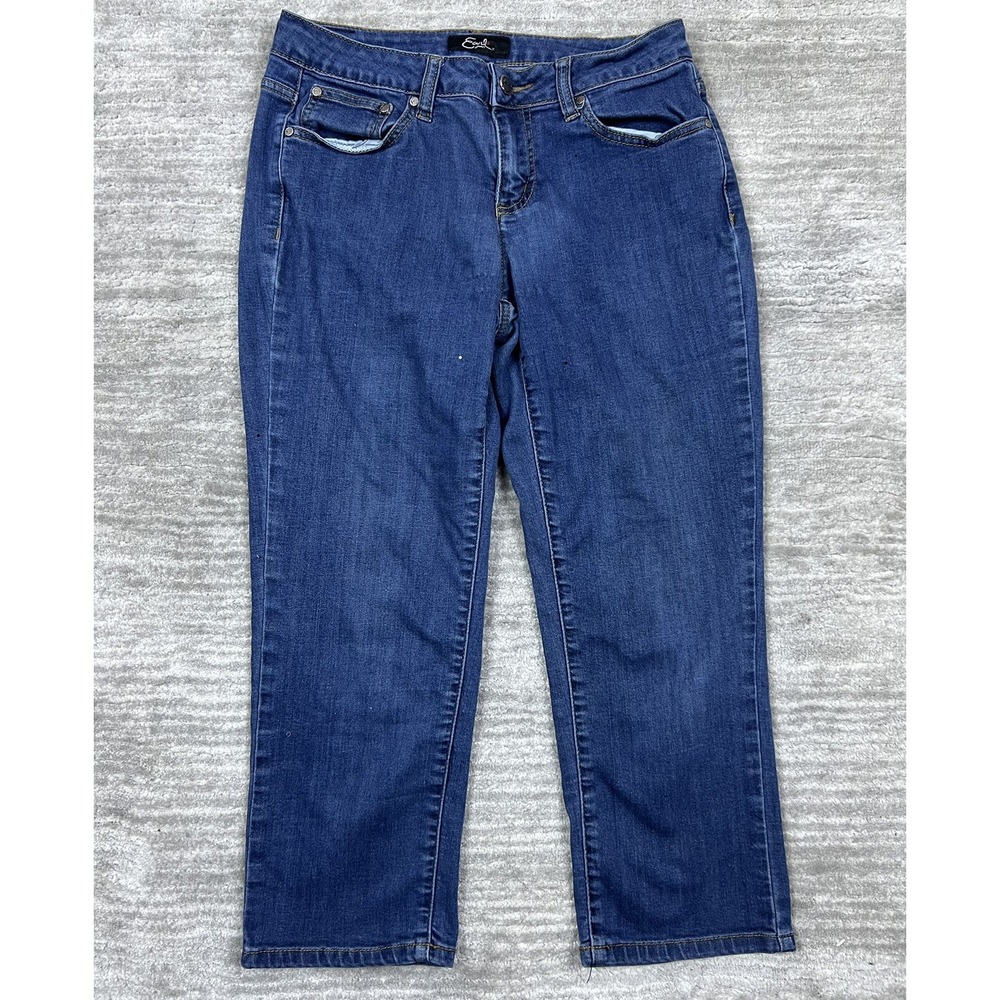 Earl Jean Jeans Womens 6 Blue Cropped Mid Rise Embroidered Pockets Stretch Denim